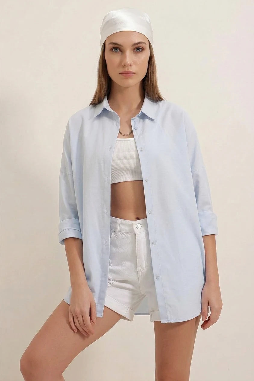 Kadın Oversize Basic Pamuklu Açık Mavi Gömlek