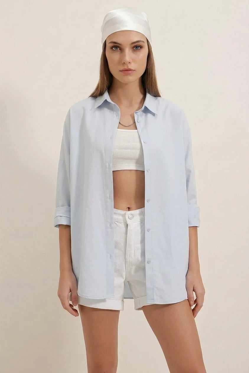 Kadın Oversize Basic Pamuklu Açık Mavi Gömlek