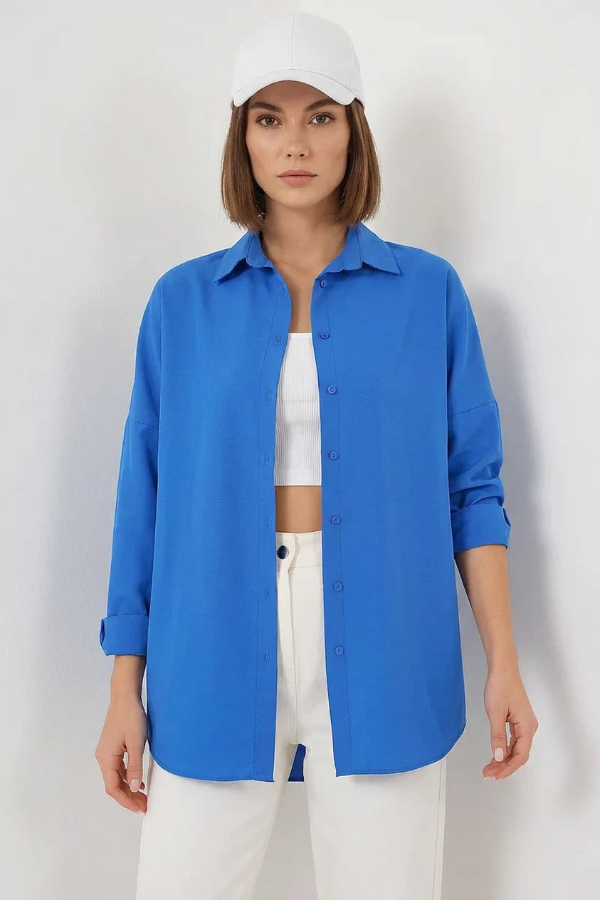 Kadın Uzun Kol Basic Oversize Pamuklu Mavi Gömlek