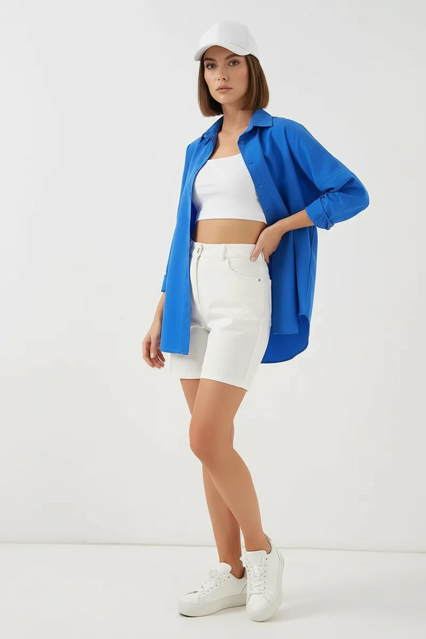 Kadın Uzun Kol Basic Oversize Pamuklu Mavi Gömlek