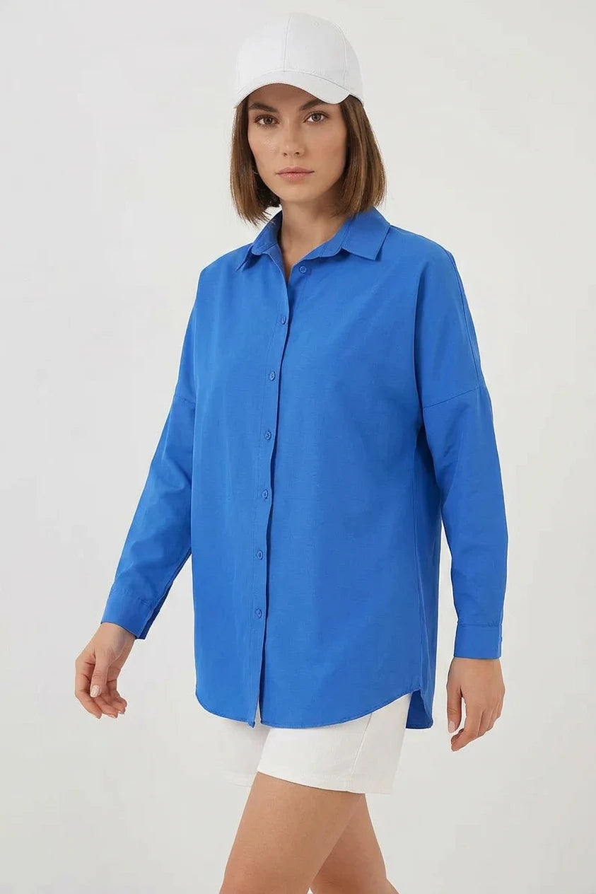 Kadın Uzun Kol Basic Oversize Pamuklu Mavi Gömlek