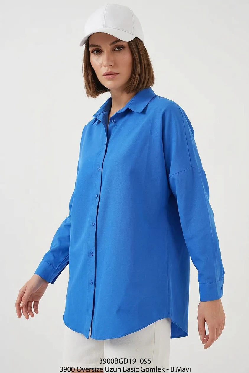 Kadın Uzun Kol Basic Oversize Pamuklu Mavi Gömlek