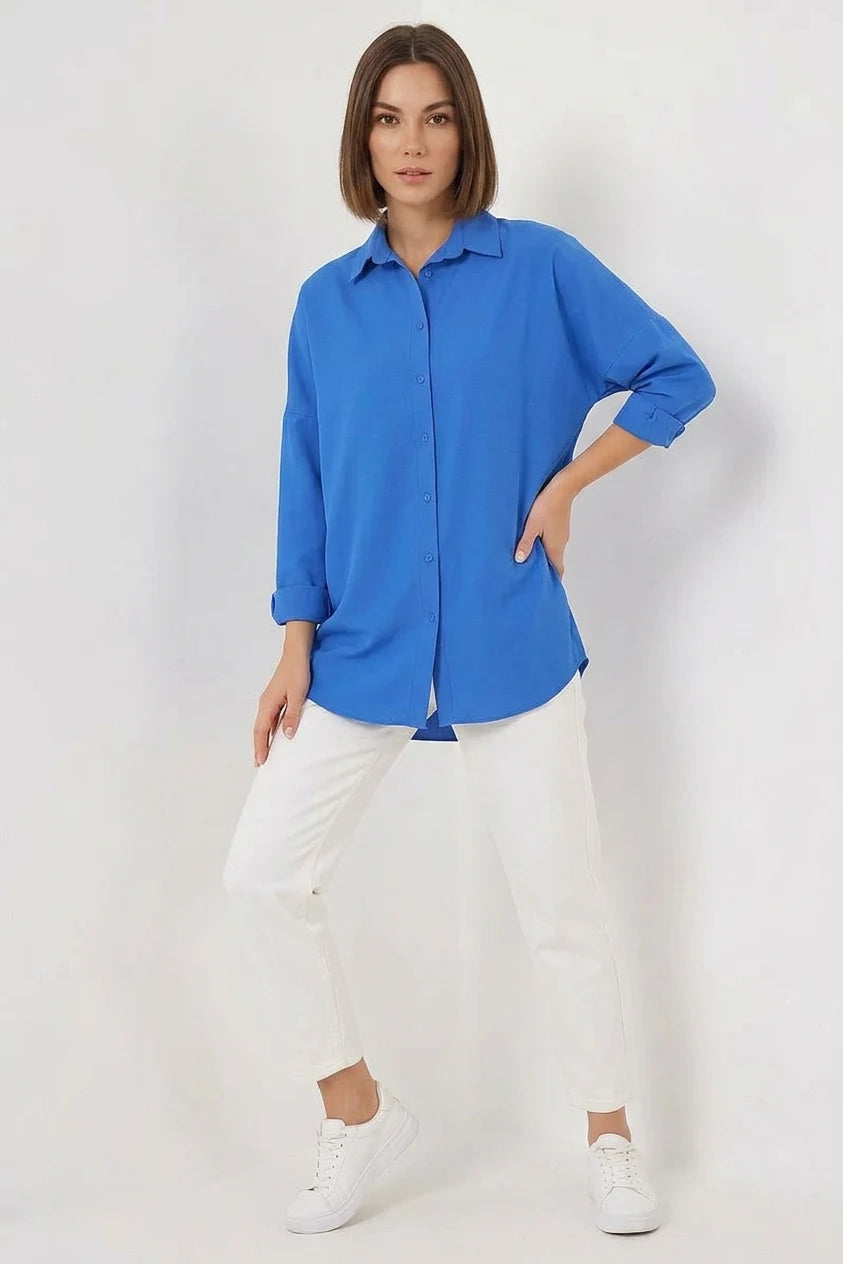 Kadın Uzun Kol Basic Oversize Pamuklu Mavi Gömlek