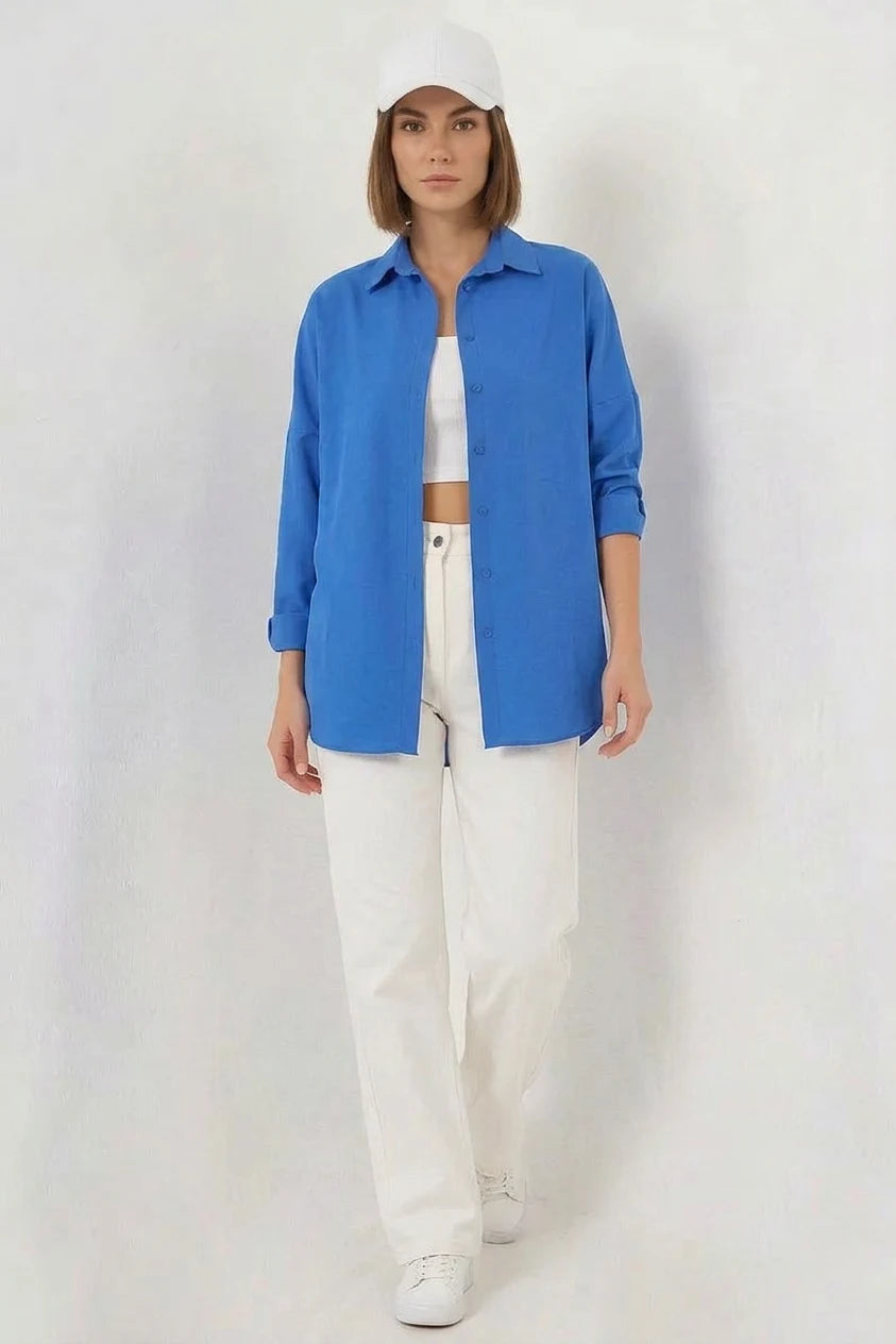 Kadın Uzun Kol Basic Oversize Pamuklu Mavi Gömlek