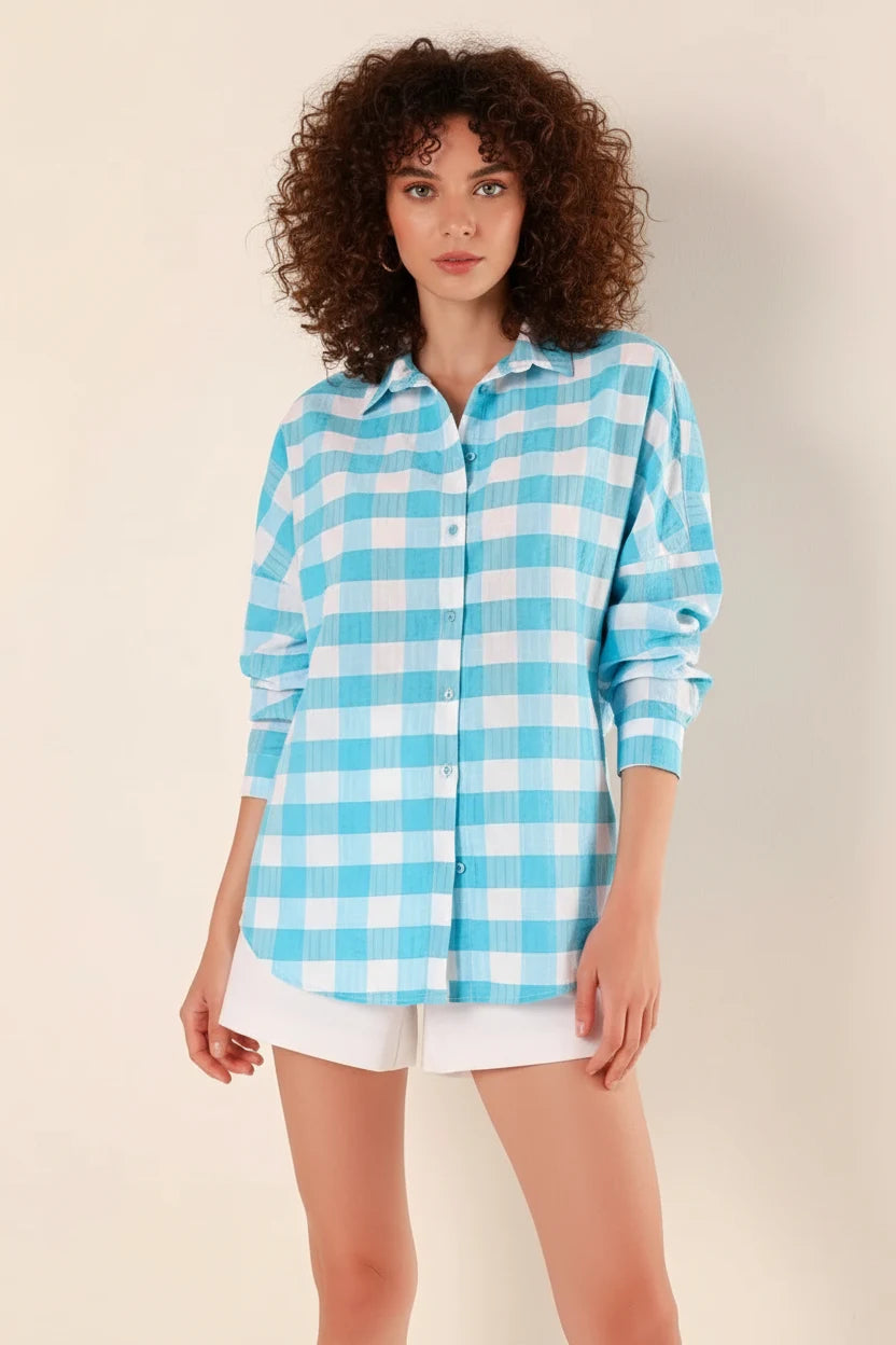 Kadın Kareli Desen Basic Oversize Pamuklu Mavi Gömlek