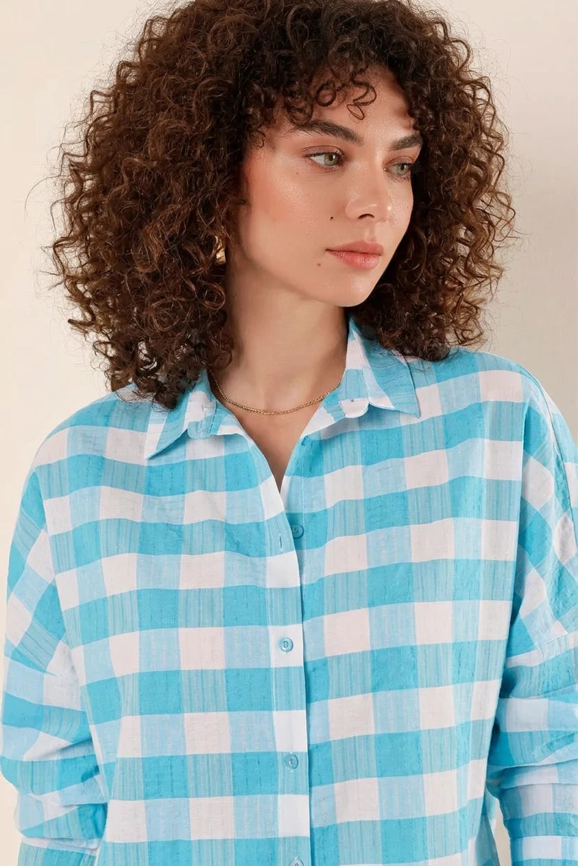 Kadın Kareli Desen Basic Oversize Pamuklu Mavi Gömlek