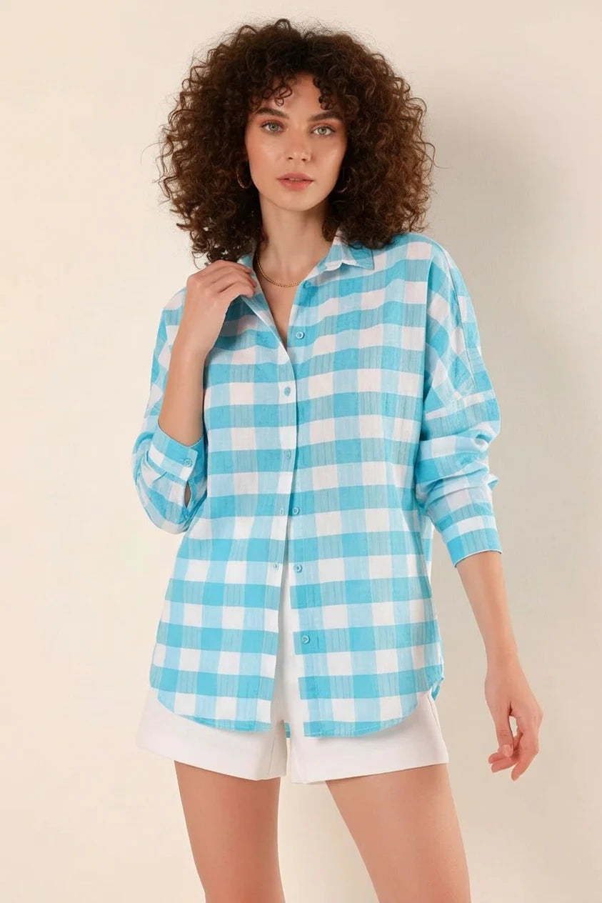 Kadın Kareli Desen Basic Oversize Pamuklu Mavi Gömlek