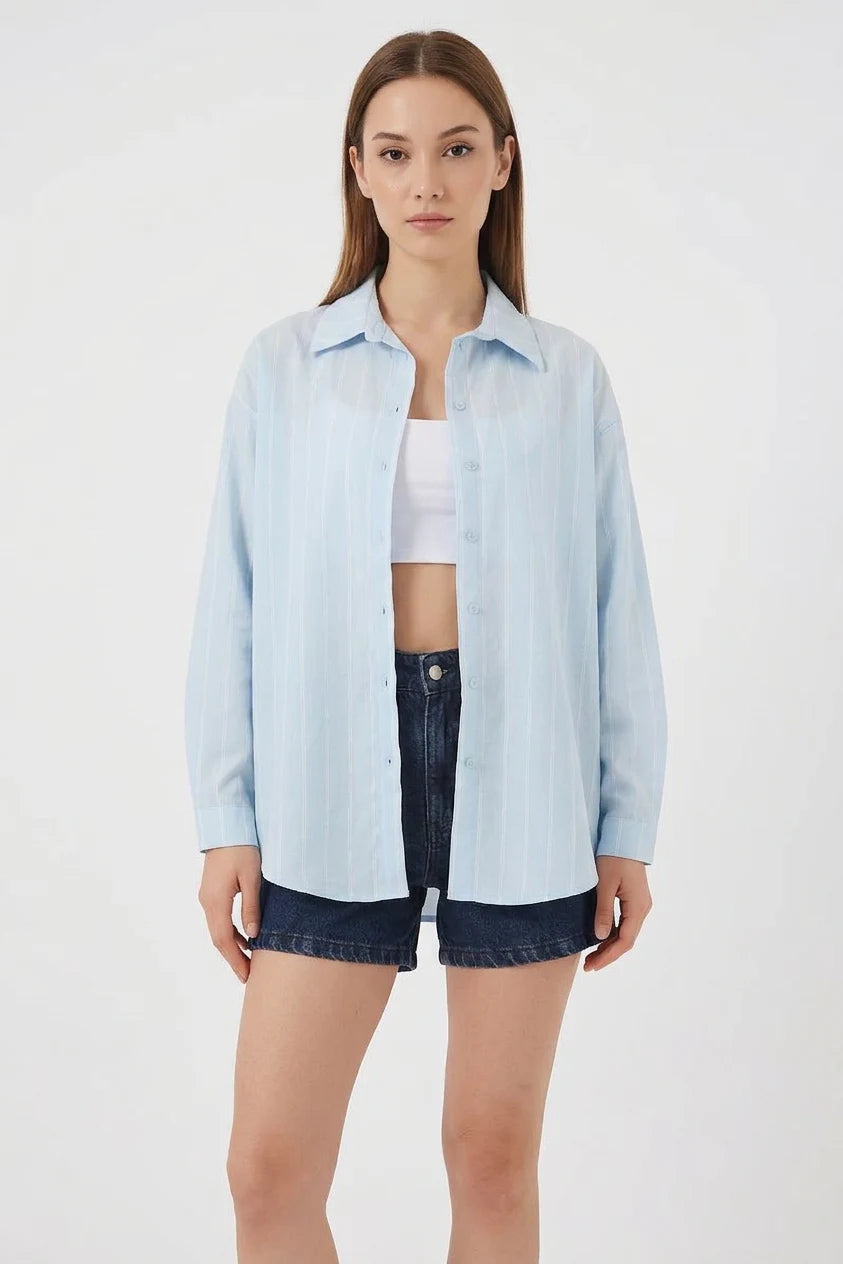 Kadın Basic Oversize Çizgili Pamuklu Mavi Gömlek