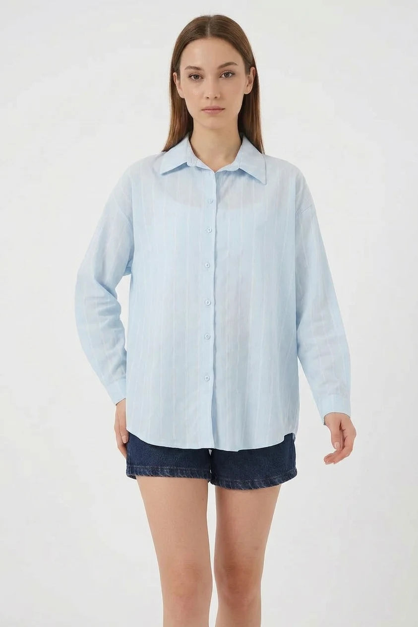 Kadın Basic Oversize Çizgili Pamuklu Mavi Gömlek