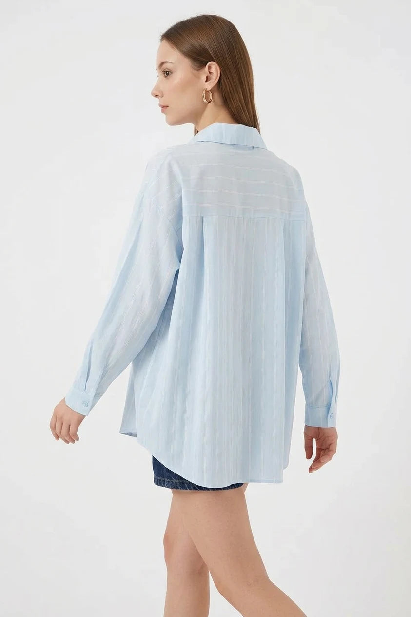 Kadın Basic Oversize Çizgili Pamuklu Mavi Gömlek
