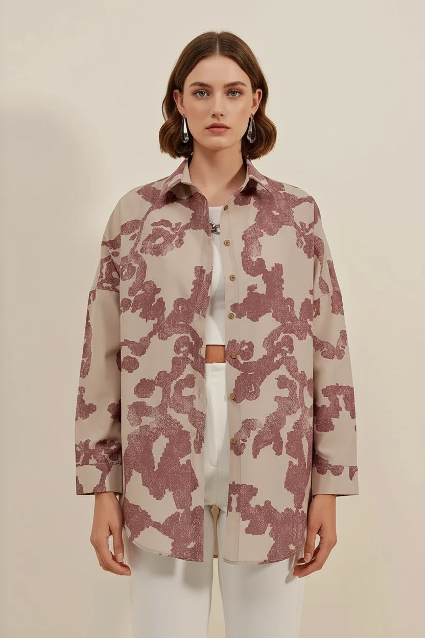 Kadın Basic Oversize Desenli Pamuklu Gül Kurusu Gömlek