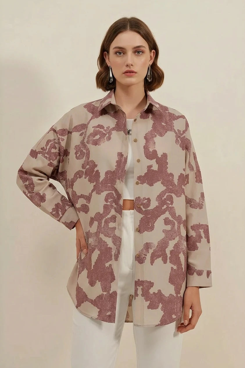 Kadın Basic Oversize Desenli Pamuklu Gül Kurusu Gömlek