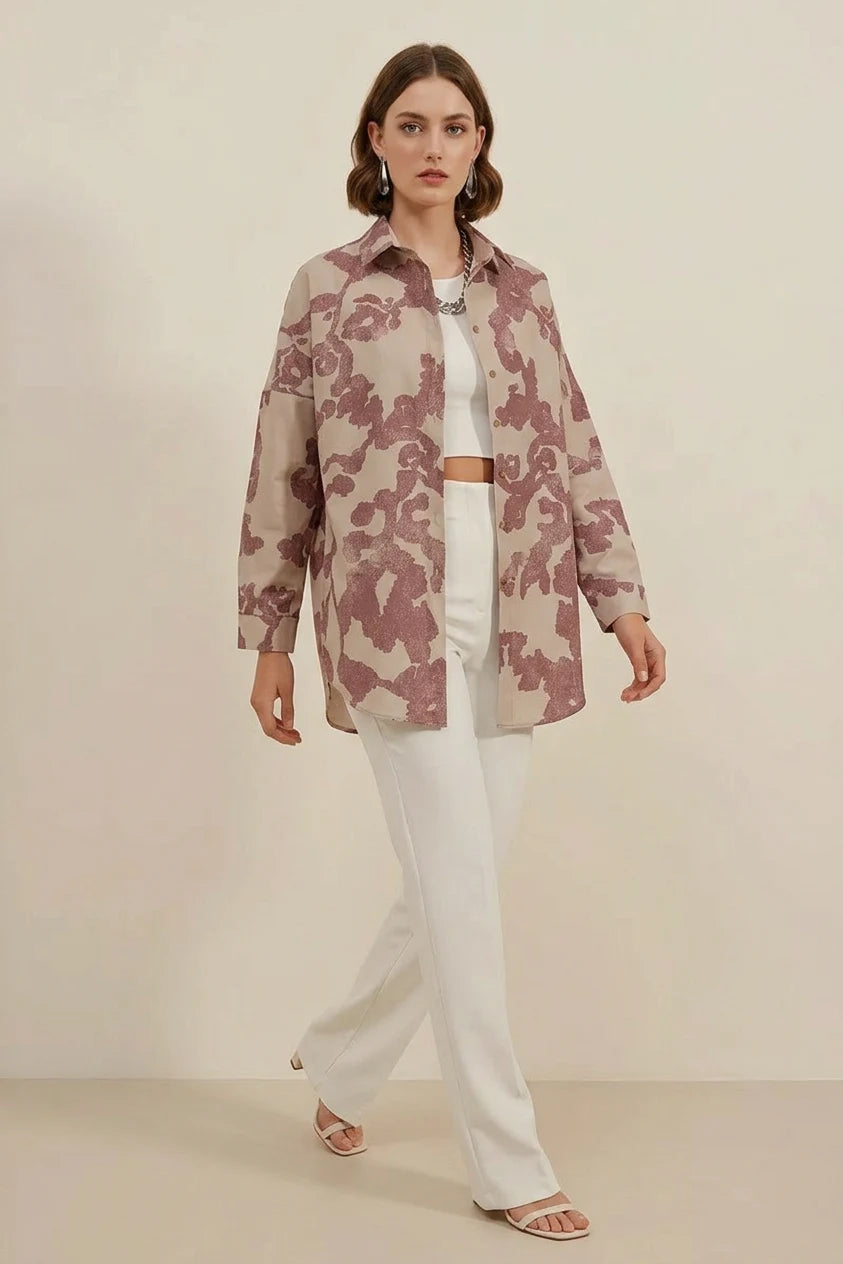 Kadın Basic Oversize Desenli Pamuklu Gül Kurusu Gömlek