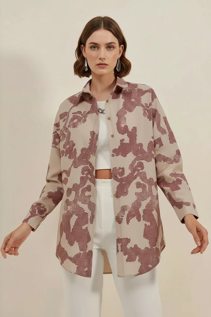 Kadın Basic Oversize Desenli Pamuklu Gül Kurusu Gömlek