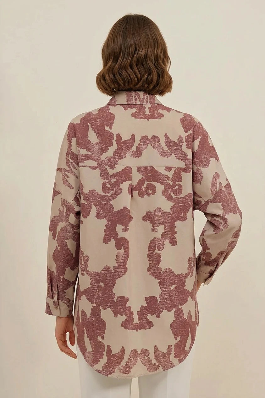 Kadın Basic Oversize Desenli Pamuklu Gül Kurusu Gömlek