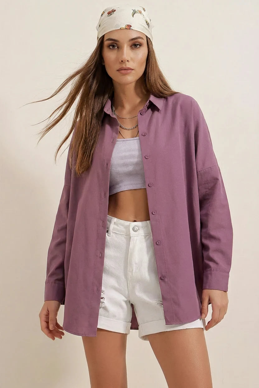 Kadın Oversize Basic Pamuklu Koyu Lila Gömlek