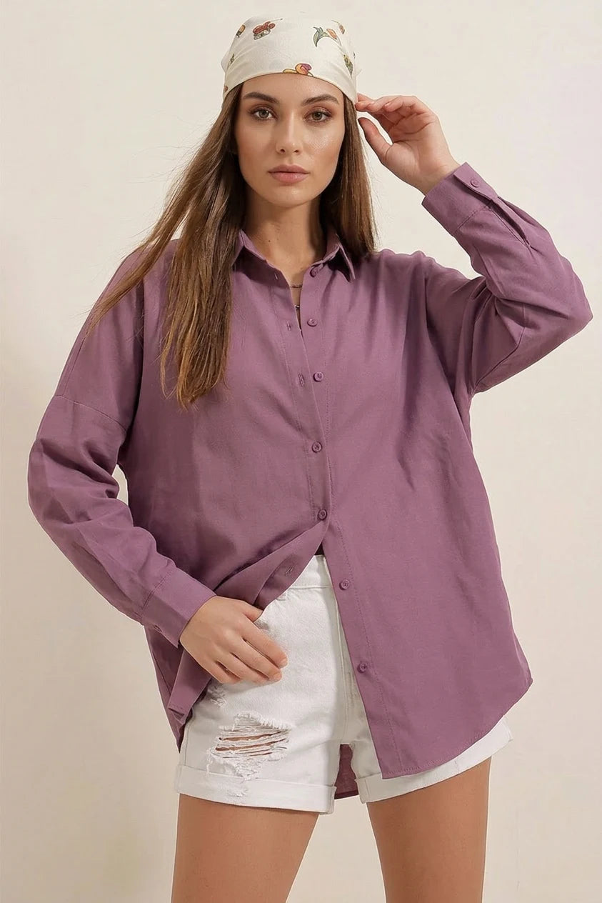 Kadın Oversize Basic Pamuklu Koyu Lila Gömlek