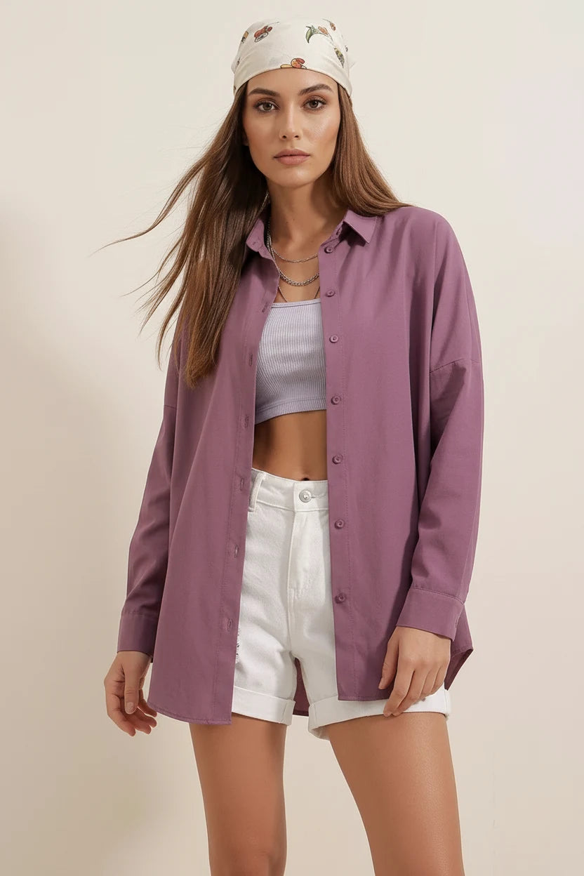 Kadın Oversize Basic Pamuklu Koyu Lila Gömlek