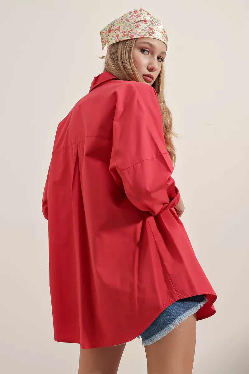 Kadın Oversize Basic Pamuklu Kırmızı Gömlek