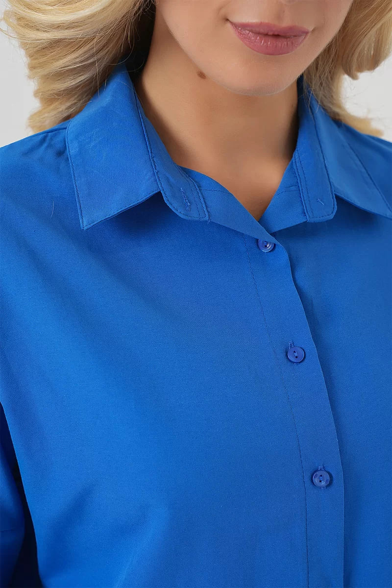 Kadın Uzun Kol Basic Oversize Pamuklu Mavi Gömlek