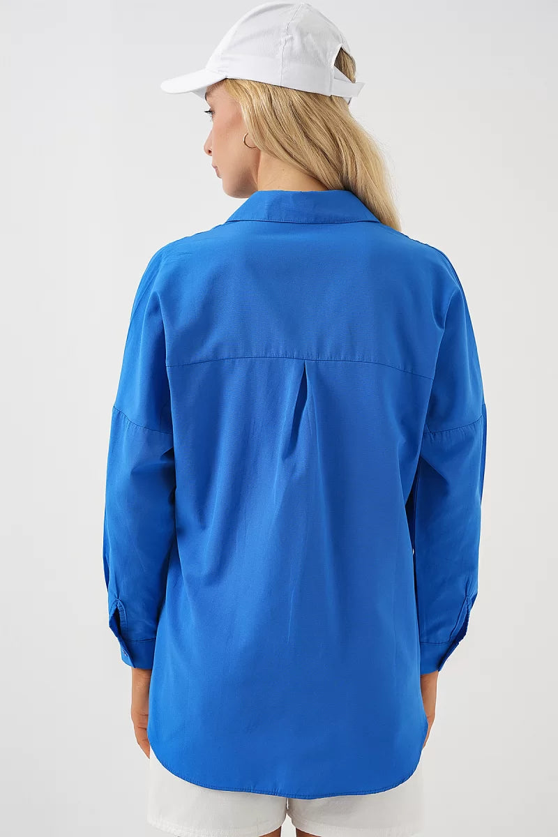 Kadın Uzun Kol Basic Oversize Pamuklu Mavi Gömlek