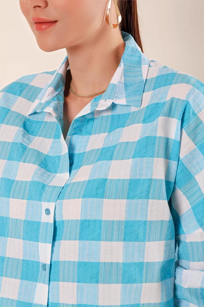 Kadın Kareli Desen Basic Oversize Pamuklu Mavi Gömlek