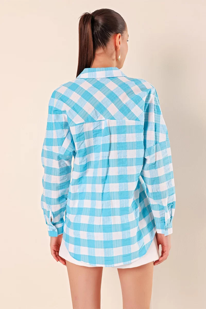 Kadın Kareli Desen Basic Oversize Pamuklu Mavi Gömlek