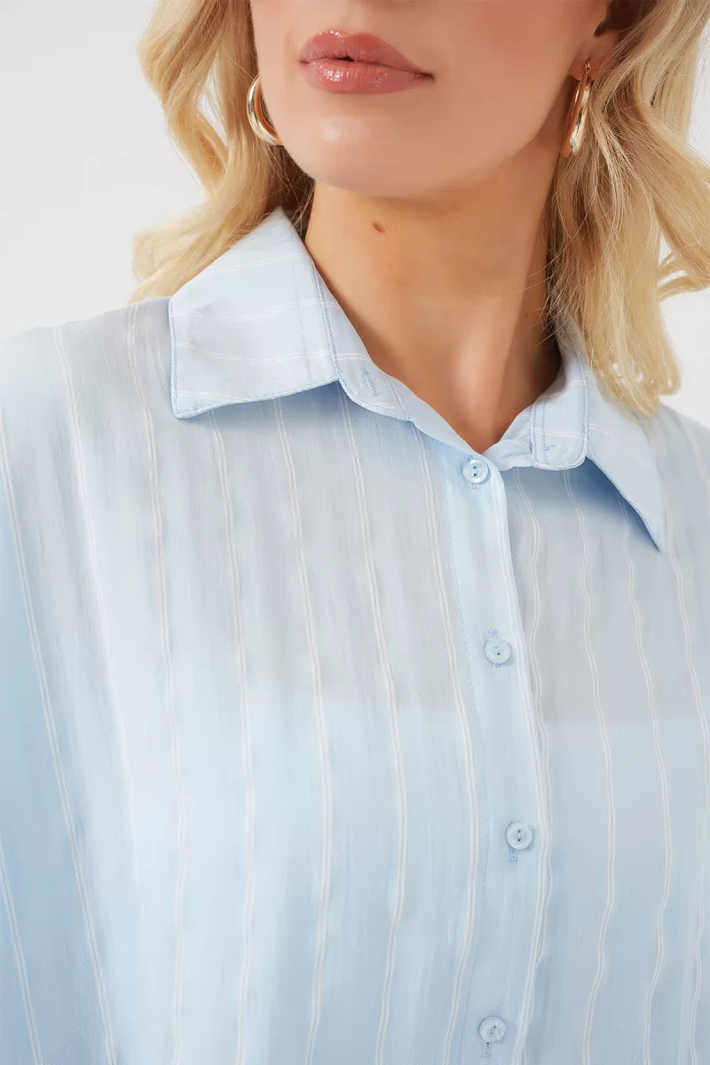 Kadın Basic Oversize Çizgili Pamuklu Mavi Gömlek