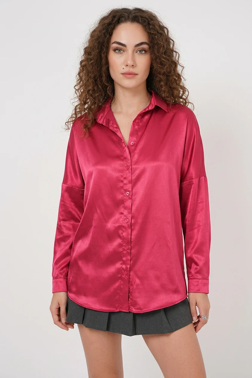 Kadın Oversize Saten Bordo Gömlek