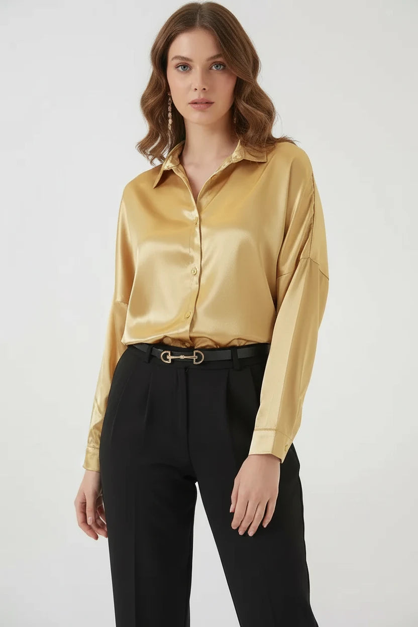 Kadın Oversize Saten Altın Sarısı Gömlek