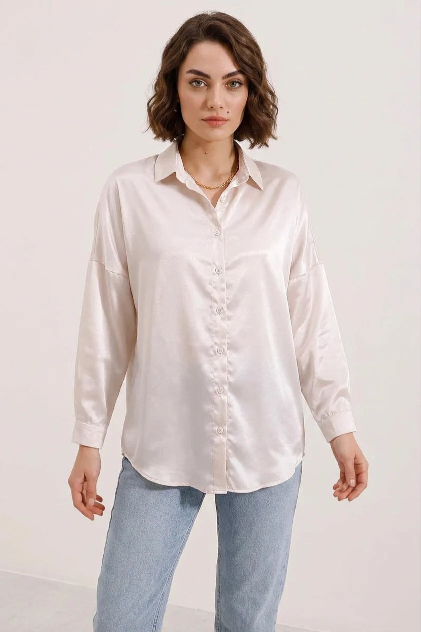 Kadın Oversize Saten Bej Gömlek