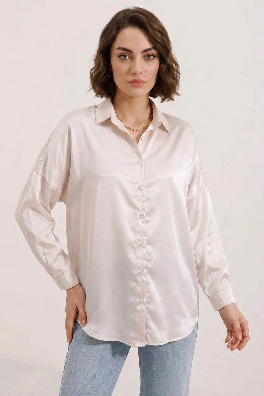 Kadın Oversize Saten Bej Gömlek