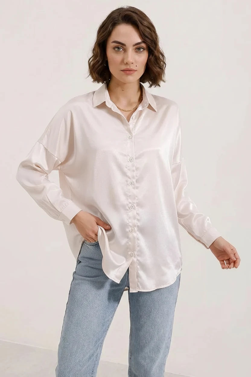 Kadın Oversize Saten Bej Gömlek