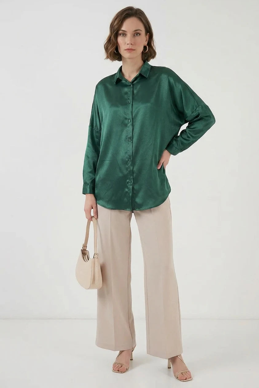 Kadın Oversize Kesim Saten Zümrüt Yeşili Gömlek