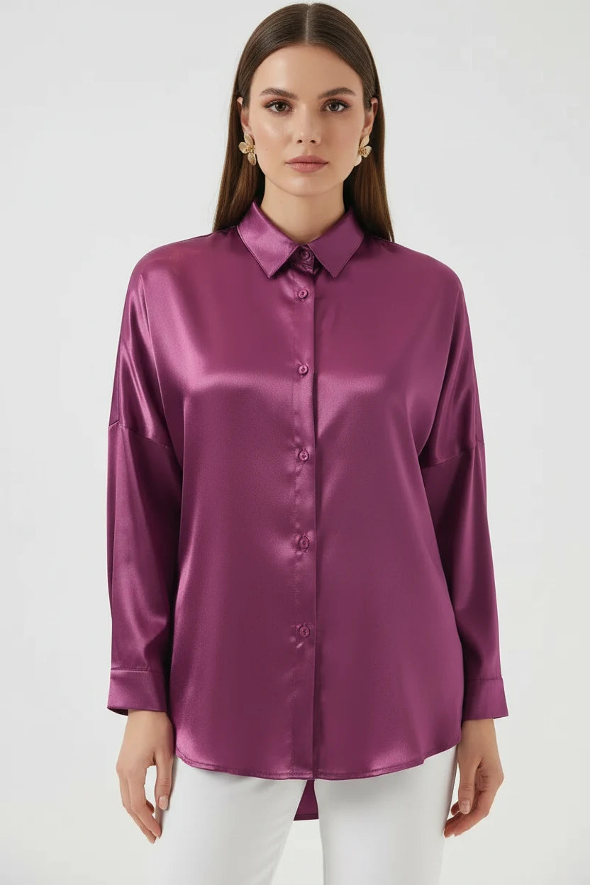 Kadın Oversize Kesim Saten Koyu Lila Gömlek