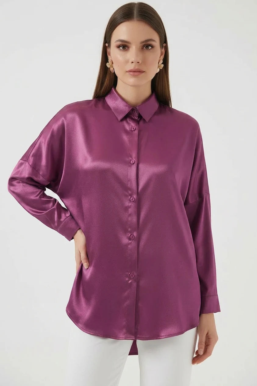 Kadın Oversize Kesim Saten Koyu Lila Gömlek