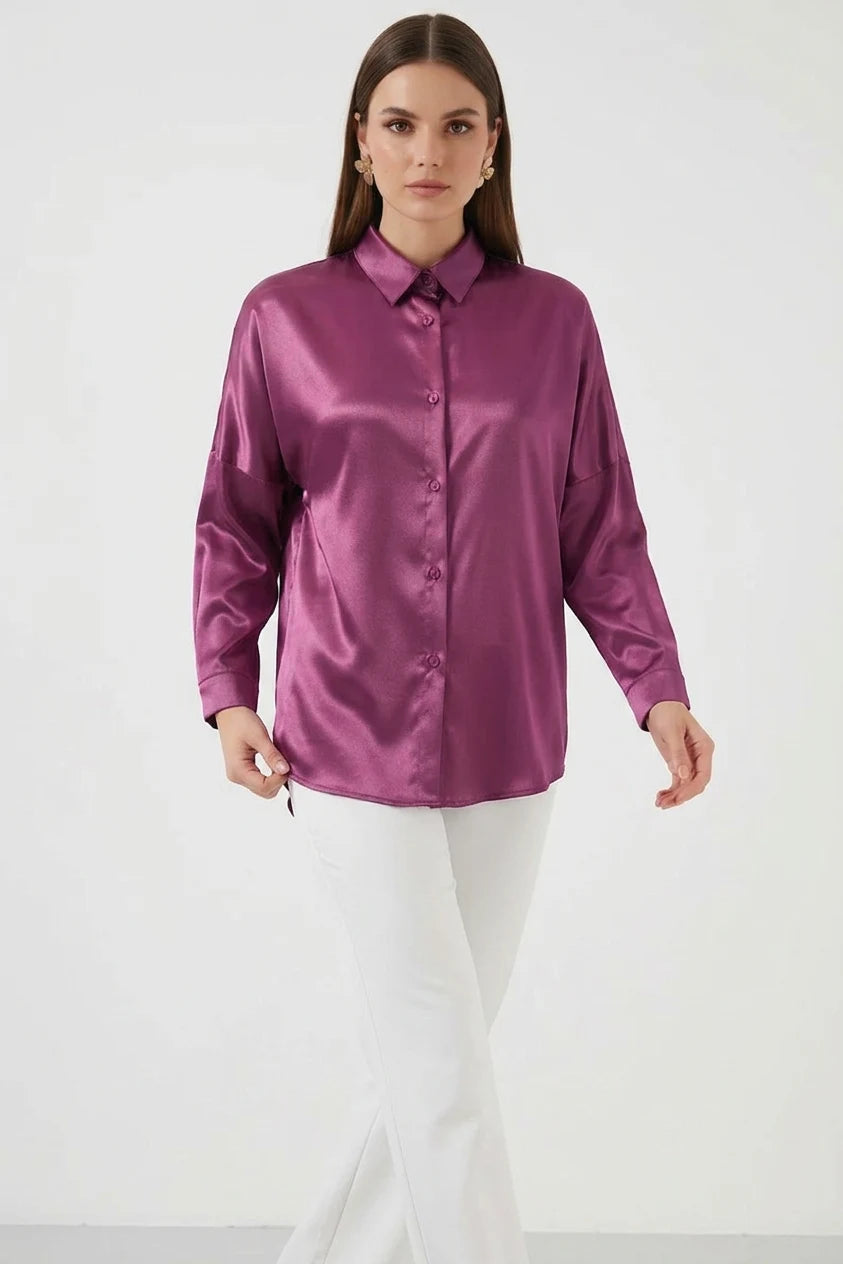 Kadın Oversize Kesim Saten Koyu Lila Gömlek