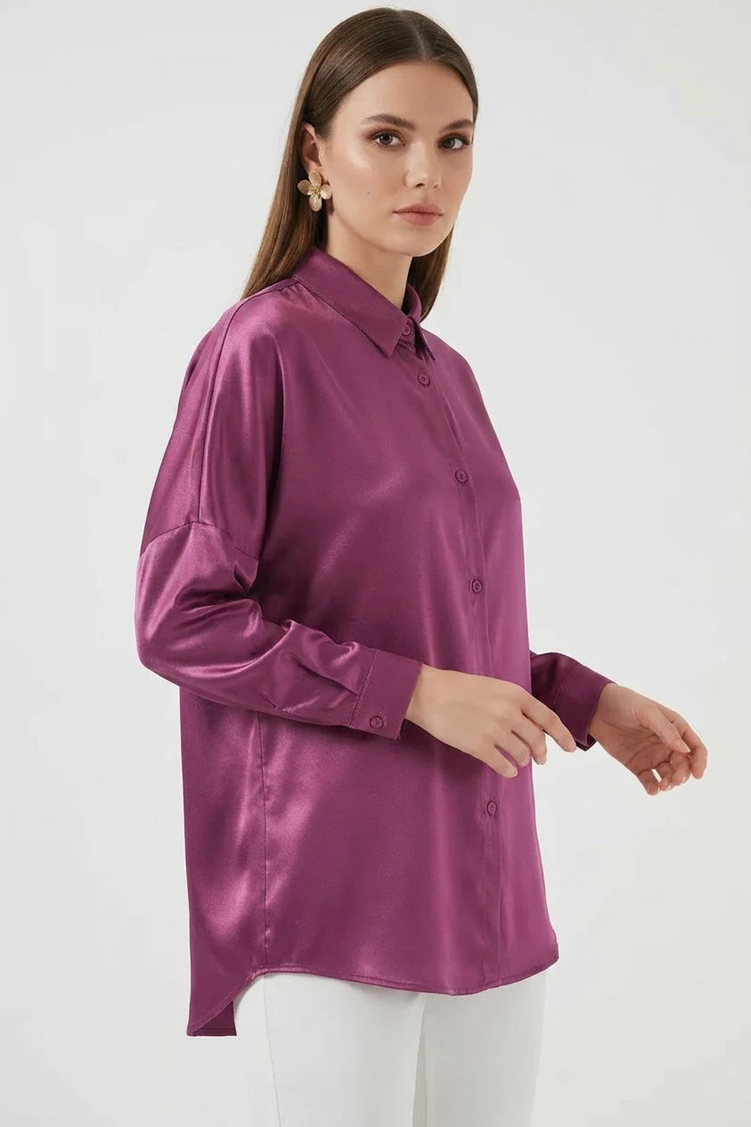 Kadın Oversize Kesim Saten Koyu Lila Gömlek