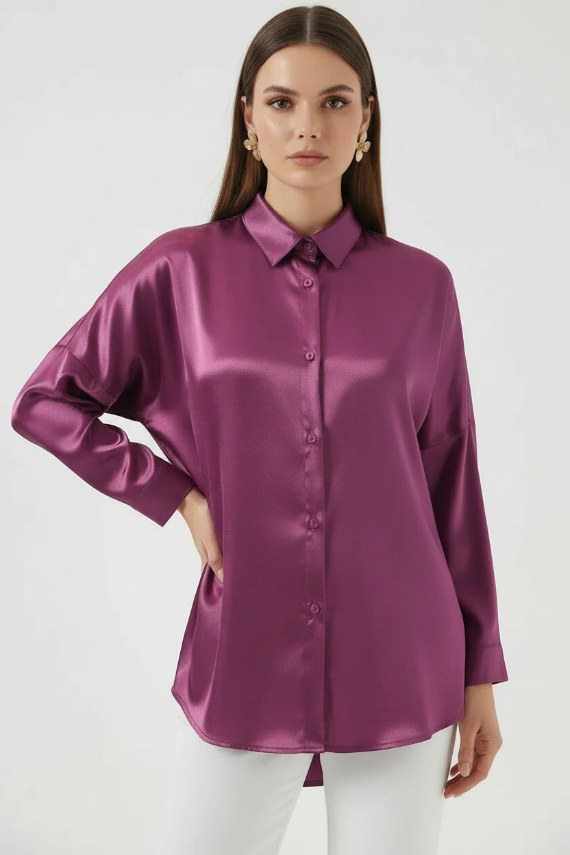 Kadın Oversize Kesim Saten Koyu Lila Gömlek