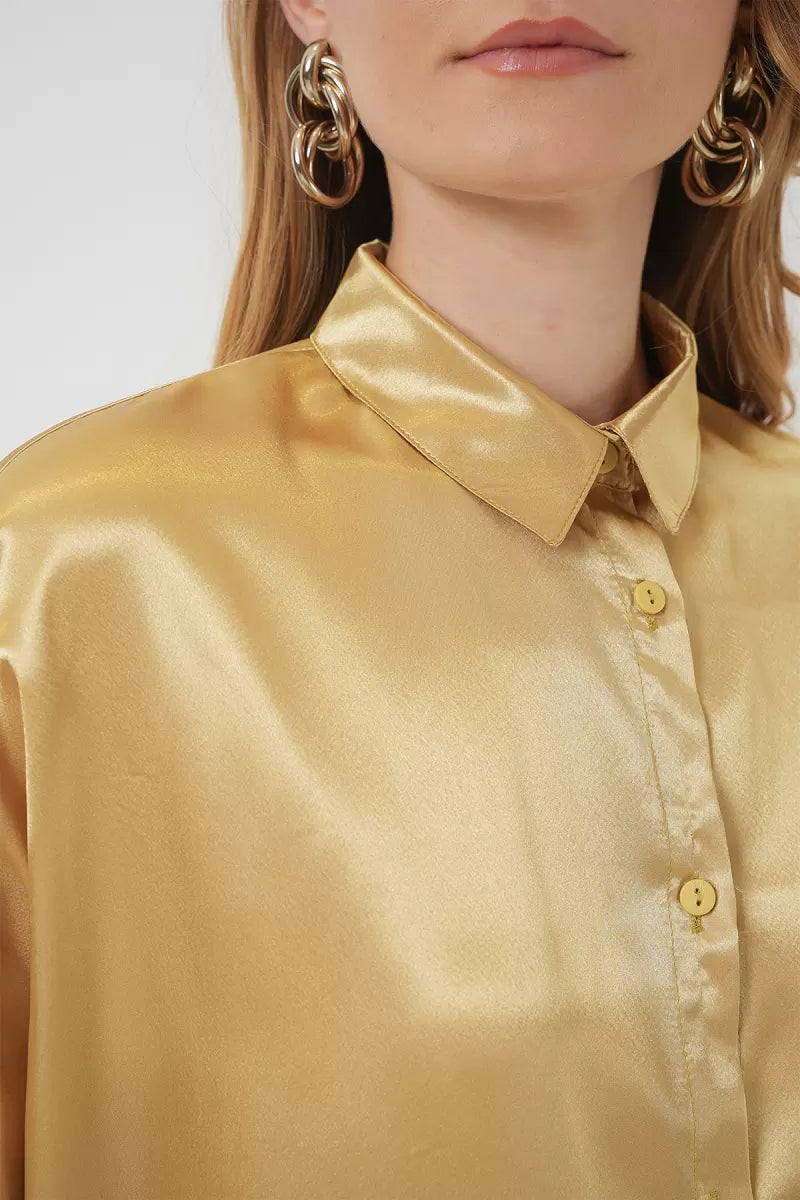 Kadın Oversize Saten Altın Sarısı Gömlek