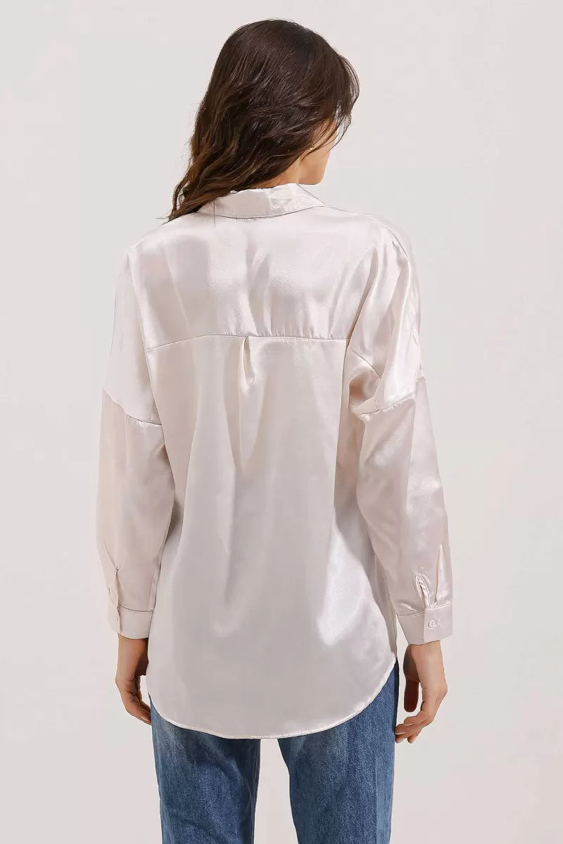 Kadın Oversize Saten Bej Gömlek