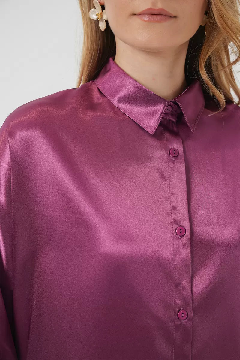 Kadın Oversize Kesim Saten Koyu Lila Gömlek