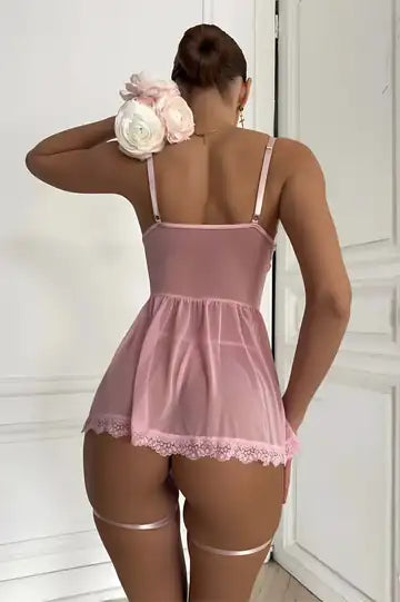 Pembe Bacak Bantlı Balenli Önden Bağlamalı Gecelik
