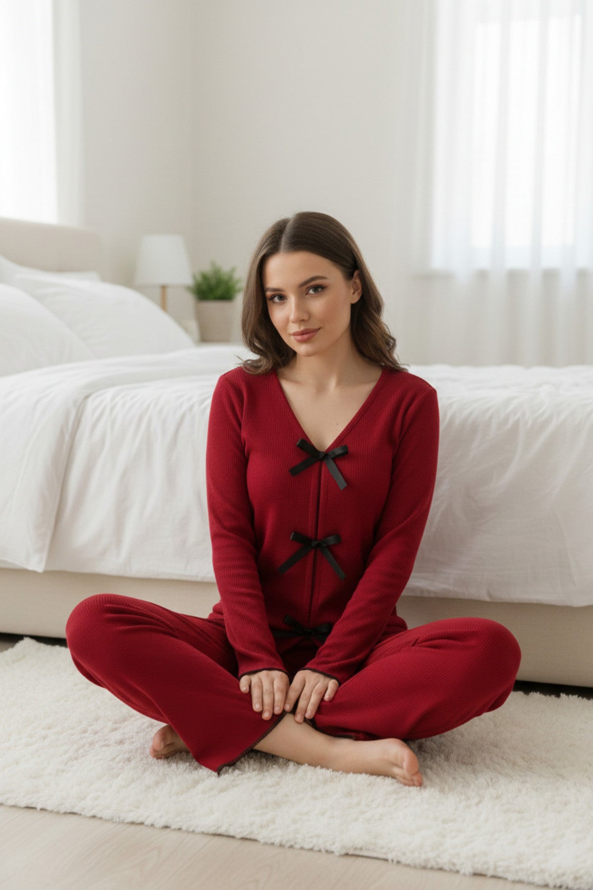 Kadın Bordo Fiyonklu İç Çamaşırı ve Uzun Kollu V Yaka Pijama Takımı 4'lü Set