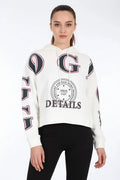 Kadın Kapüşonlu Baskılı Pamuklu Beyaz Sweatshirt