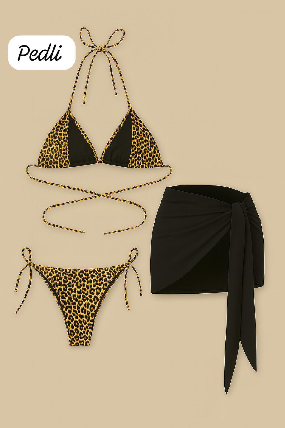 Kadın Siyah ve Leopar Desenli Pareolu 3'lü Bikini Takımı
