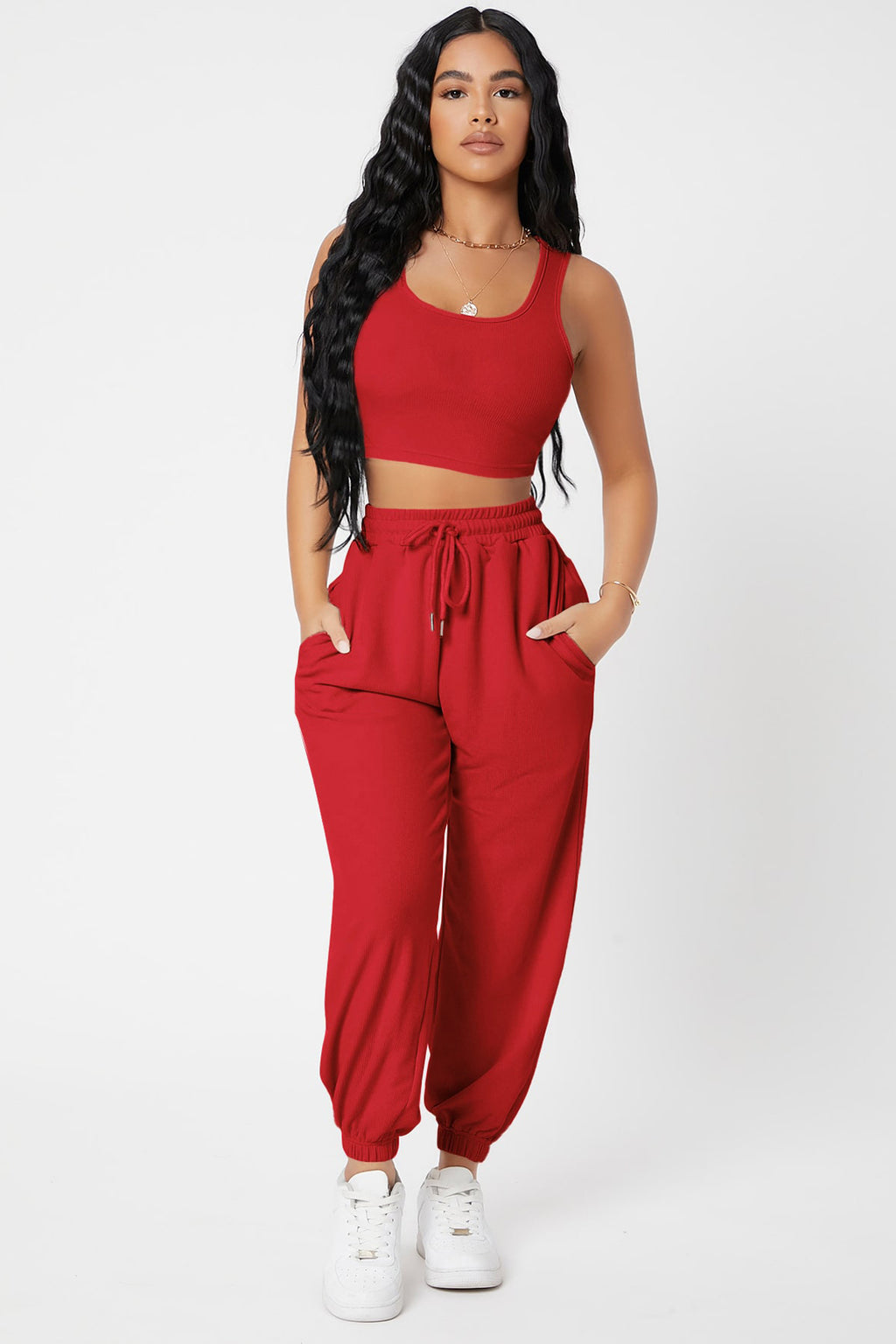 Kadın Kırmızı Kaşkorse Cepli Jogger Eşofman Altı ve Crop Top Bluz
