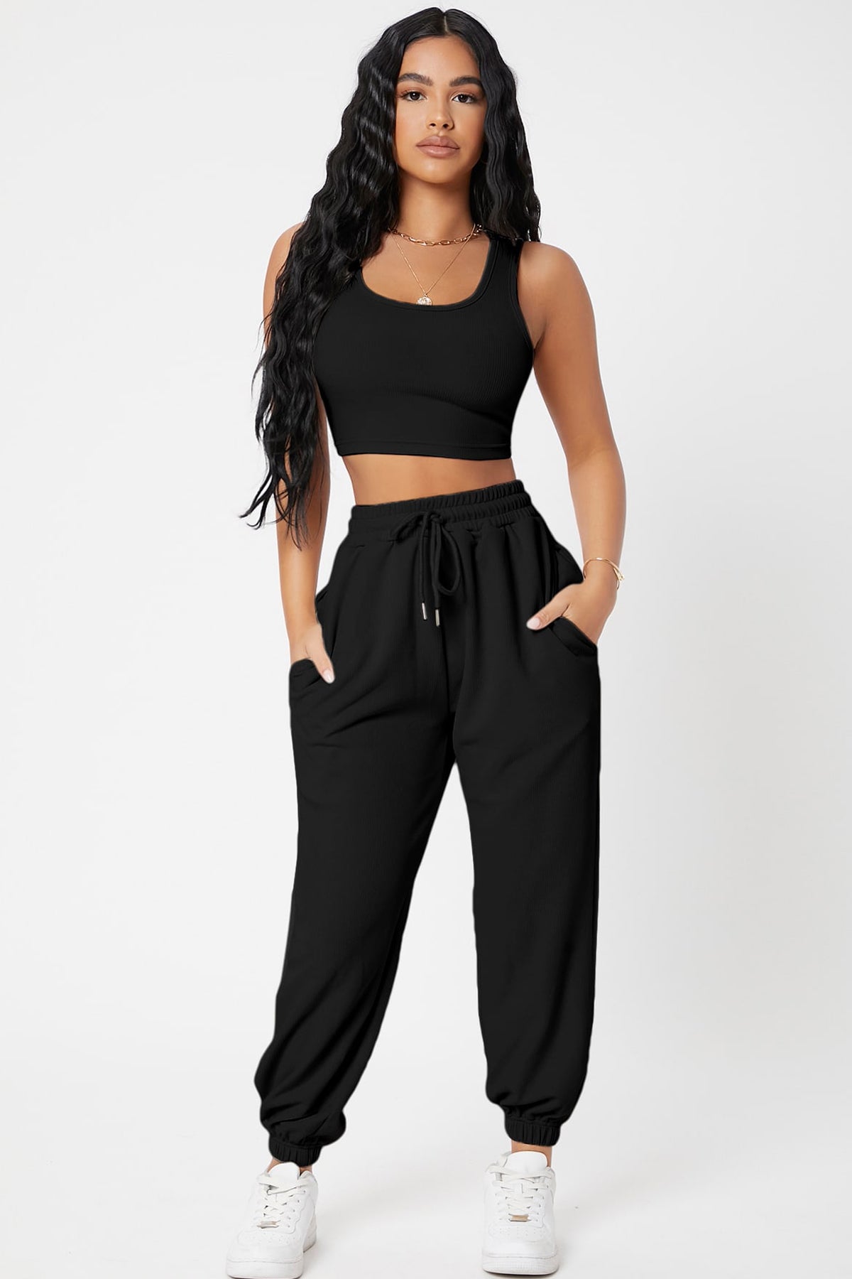 Kadın Siyah Kaşkorse Cepli Jogger Eşofman Altı ve Crop Top Bluz