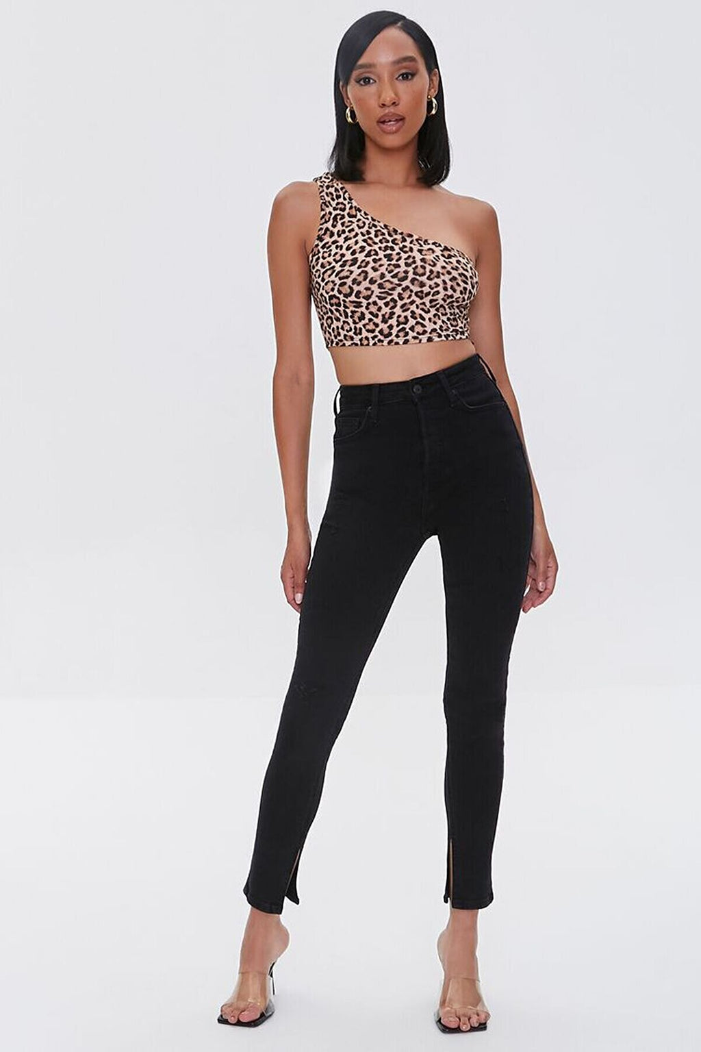 Kadın Leopar Desenli Tek Omuz Crop Büstiyer