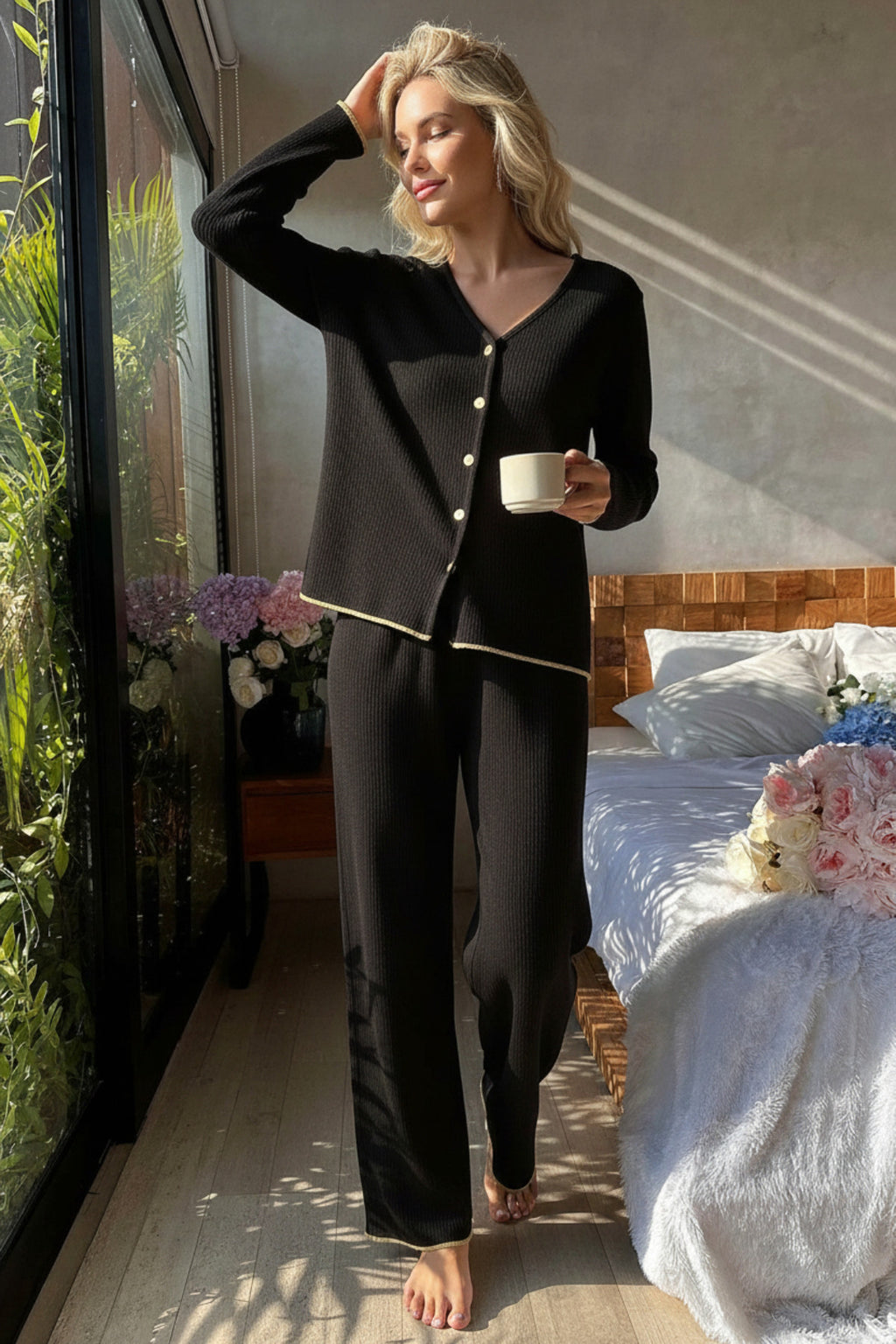 Premium Kadın Fitilli Pijama Takımı – Siyah Gold Biye Detaylı, Yumuşak Dokulu Ev Şıklığı